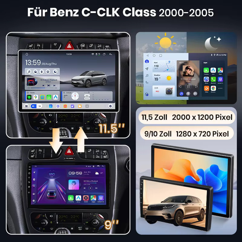 Junsun Android 15 Autoradio mit 9 Zoll IPS-Bildschirm für Mercedes Benz C-Klasse CLK-Klasse W203 W209 S203 A209 (2000-2005), kabelloses Apple CarPlay, Stereo-Multimedia-Videoplayer, Schwarz - Bild 2