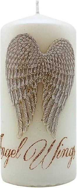 Dekohelden24 Stumpenkerze mit weißen Engelsflügeln in Weiß, H: 15 cm, B: 7 cm - Bild 1