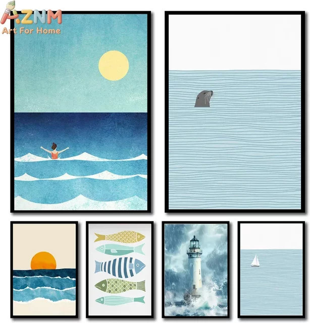Kayou Leinwand-Wandkunst mit Küstenmotiv, Strandvögeln und Ozeanwellen, Mehrfarbig, Modernes Vintage-Poster für dein Zuhause - Bild 1