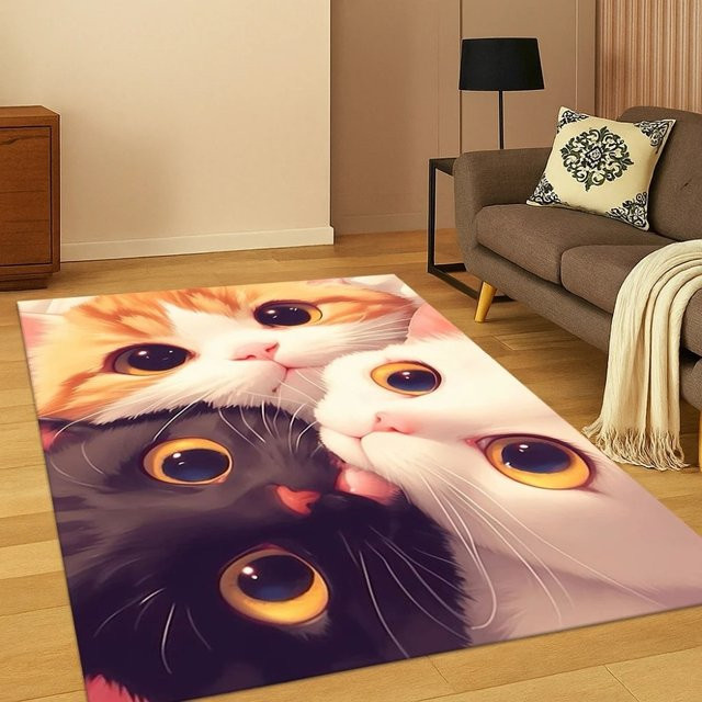 Moderner 3D-Teppich mit Katzenmuster in Multicolour als rechteckige Bodenmatte für Wohnzimmer, Schlafzimmer oder Küche - Bild 1
