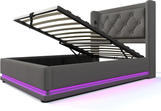 Merax Polsterbett mit LED-Unterbettbeleuchtung und USB-C Ladestation, Grau, B/T/H: 90 x 200 x 101 cm - Bild 1