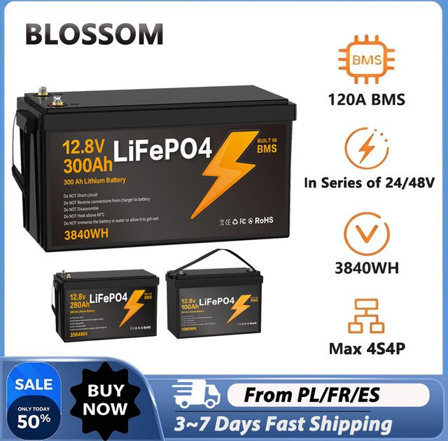 LiFePO4 Lithium-Eisenphosphat-Batterie 12,8V 300Ah mit 3840Wh, integriertes BMS, A+ Qualitätszellen, Schwarz - Bild 1