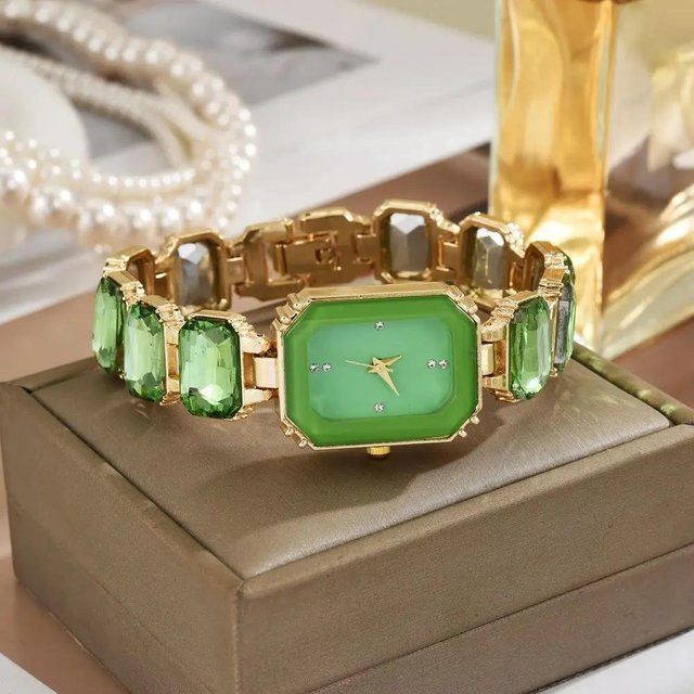 MOONBIFFY Armbanduhr Edelstahl, Quarz, Eckig, Gold, Diamant, Grün, Damen - Bild 1