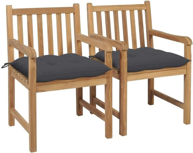 vidaXL Gartenstühle Set aus Teak Massivholz mit anthrazitfarbenen Kissen, 2er Set - Bild 1