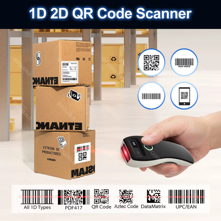 GZQIANJI Mobiler Mini-Bluetooth-Barcode-Scanner, 2,4 G kabelloses 2D-QR-1D-PDF417-Lesegerät mit LCD-Bildschirm, Schwarz - Bild 3