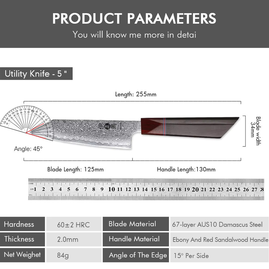 YIZEMA Damaskus Allzweckmesser Professionelles Japanisches Kochmesser handgeschmiedet mit Holzgriff, Klingenlänge: 12,7 cm - Bild 6