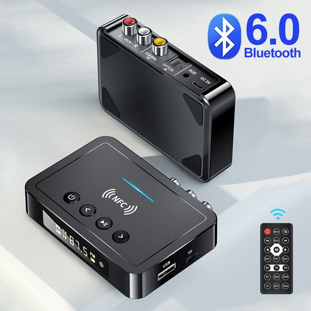kebidumei Bluetooth 6.0 Audio Adapter mit NFC als Sender und Empfänger für TV, Auto und Lautsprecher, Schwarz, mit 3,5mm Klinke, RCA und optischem Anschluss - Bild 1