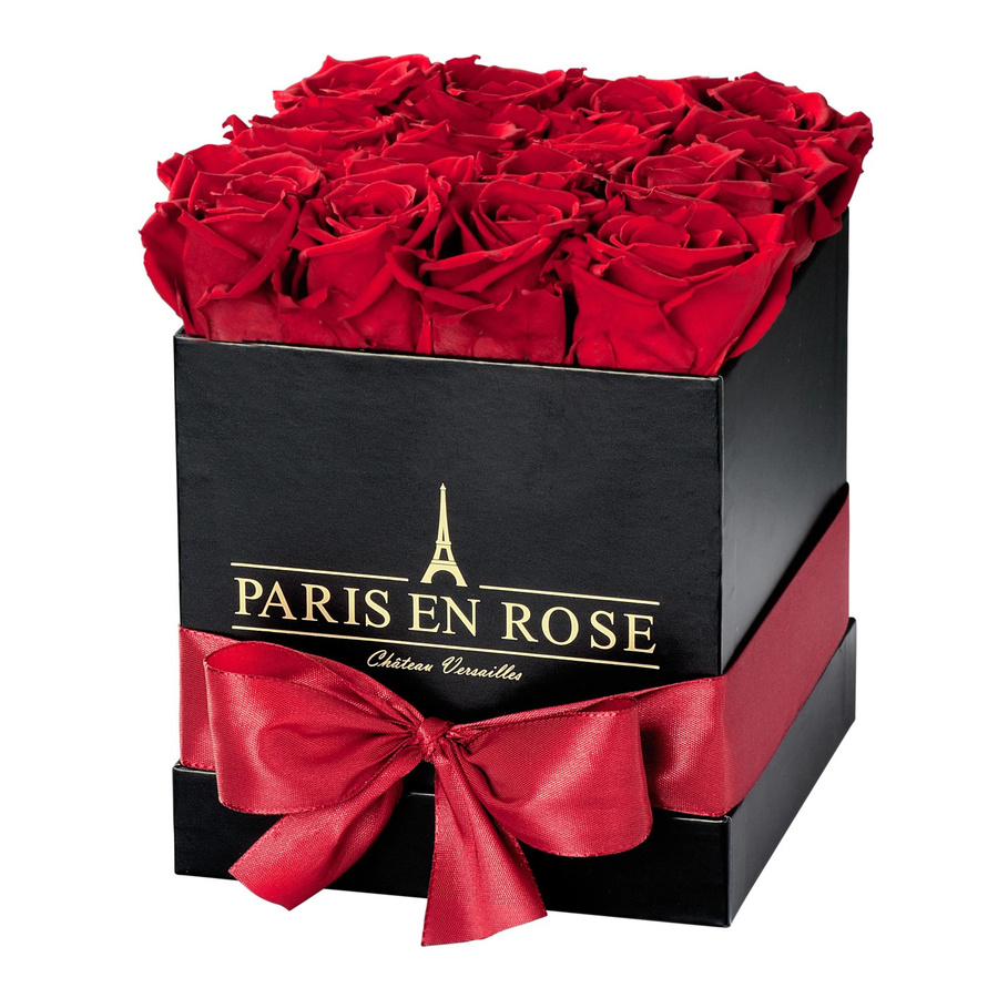PARIS EN ROSE Rosenbox eckig in Schwarz mit 12 Bordeaux Rosen und Schleife - Bild 2