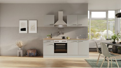 Moderne Küchenzeile Lund von Flex-Well in Lichtgrau mit Einbaugeräten, Breite: 210 cm, Höhe: 200 cm, Tiefe: 57 cm - Bild 1