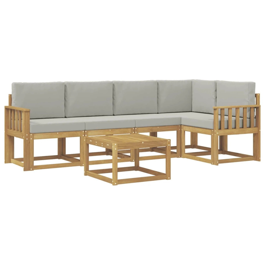 vidaXL Outdoor-Sofagarnitur 6-teilig in L-Form aus Akazienholz mit Polstern in Weiß und Hellgrau - Bild 2