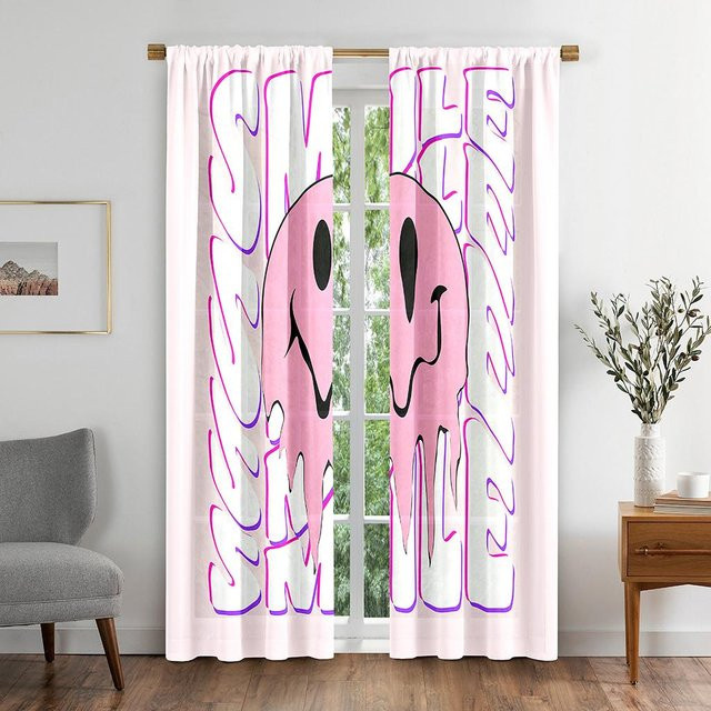 Retro Slogan Lächeln Gesicht Hipster Grafik Vorhang aus Polyester in Pink, B: 50 cm, H: 130 cm, 2er-Set mit Ösen - Bild 1