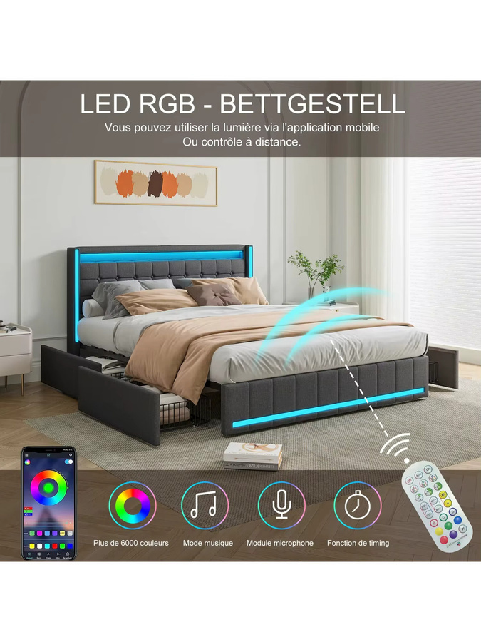 Rosahqnda Polsterbett mit Stauraum und LED-Beleuchtung sowie USB-Anschluss, B/T: 140 x 190 cm - Bild 4