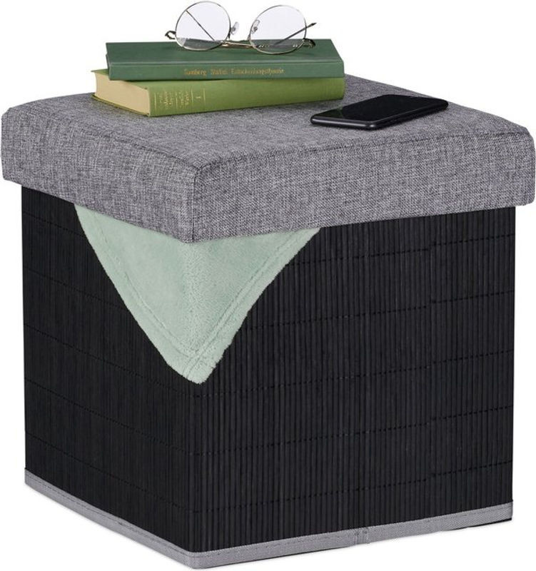 Relaxdays Sitzhocker mit Stauraum aus Bambus und Stoff, gepolsterter Sitzwürfel, faltbar, Schwarz/Grau, B x T x H: 36 x 35 x 35 cm - Bild 1