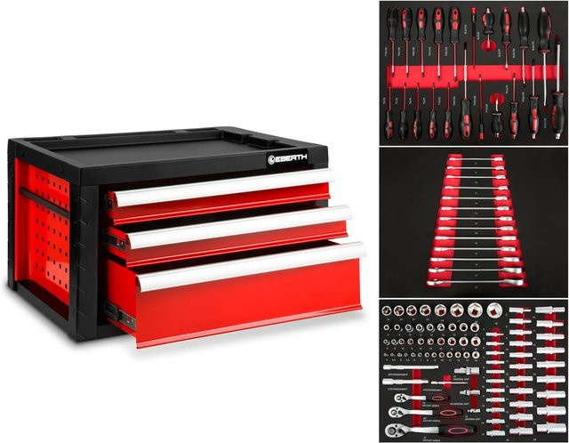 Eberth Werkzeugkiste Rot mit 114-teiligem Werkzeugset und 3 Schubladen - Bild 1
