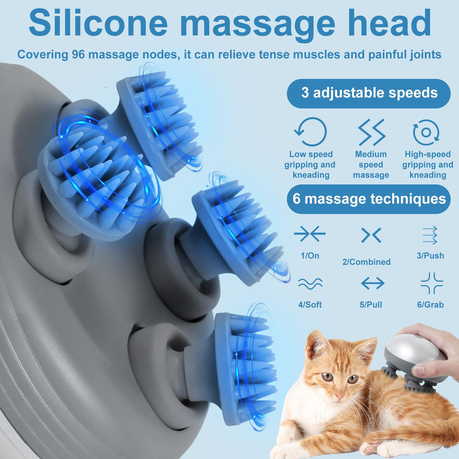 Elektrisches Handheld-Haustier-Massagegerät mit 4 Massageköpfen, 3 Modi, USB-wiederaufladbar und wasserdicht, Farbe: Silber - Bild 4