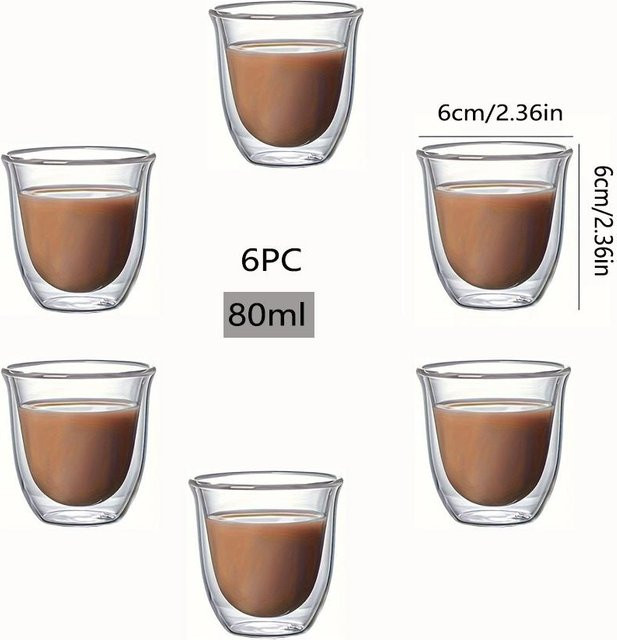 6-teiliges Espresso-Kaffeetassen-Set von Yiran Furniture aus doppelwandigem Glas, transparent, 80 ml - Bild 1