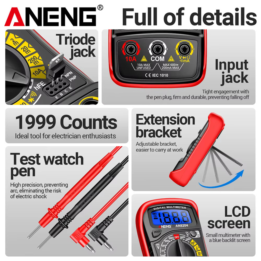ANENG AN8204 Digitalmultimeter mit 1999 Zählungen für AC/DC Spannung, Strom bis 10 A und Widerstand - Bild 4