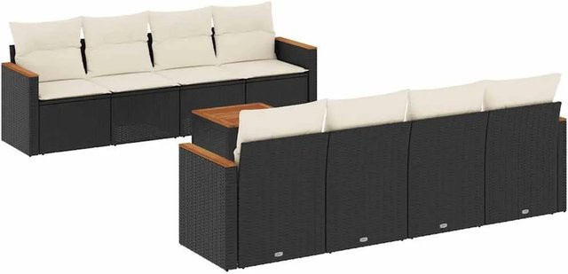 vidaXL 9-teilige Garten-Sofagarnitur aus Poly-Rattan und Akazienholz in Schwarz-Creme mit Kissen - Bild 1