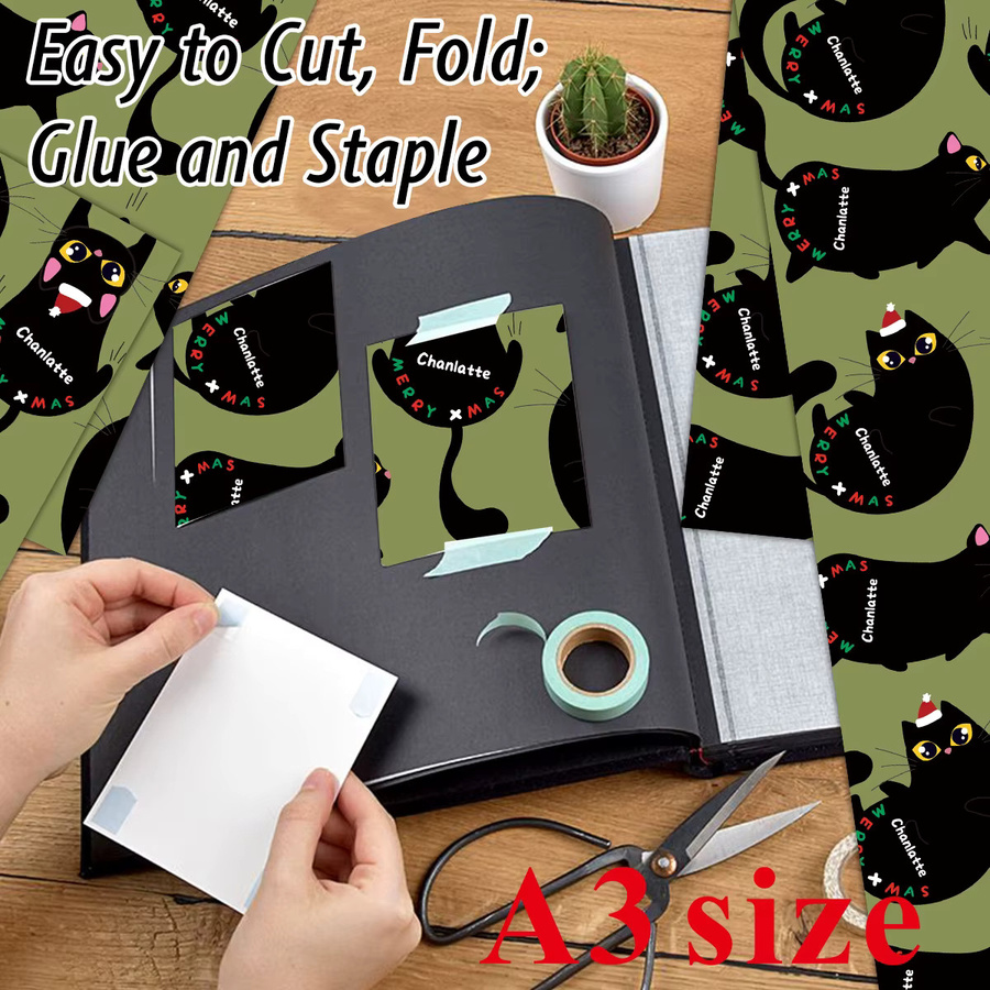 3 Blatt individuelles Weihnachtspapier mit schwarzem Katzen-Design in Grün zum Basteln und Verpacken von Geschenken - Bild 5