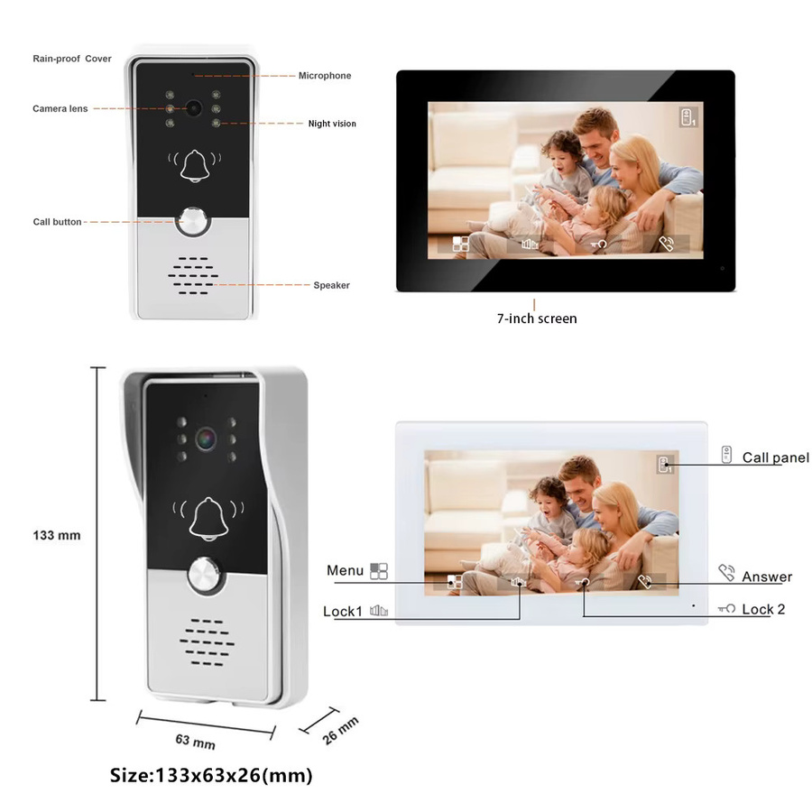 Asia-Teco Video-Gegensprechanlagen-Kit mit 720P Kamera, kabelgebundene Video-Türklingel mit IR-Kamera und Ruftafel für Haus und Villa, 4-Draht-System - Bild 2