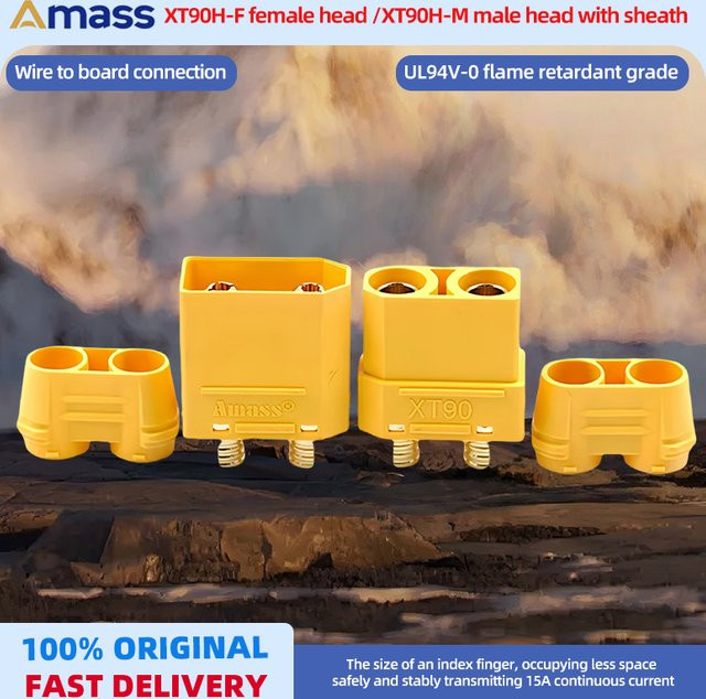 AMASS XT90 Stecker Set mit isolierenden Endkappen in Gelb für RC Hobby Modelle und Lipo Batterien (männlich und weiblich) - Bild 1