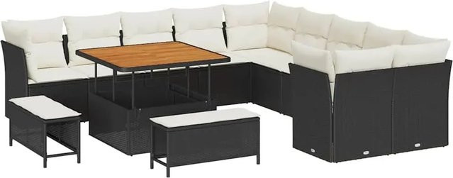 vidaXL Garten-Sofa-Set 13-teilig in U-Form aus Poly-Rattan und Akazienholz mit Polstern, Schwarz-Creme - Bild 1