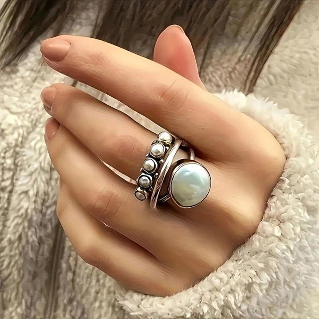 Ring Vintage, Silber, Kupfer, Perle, Unisex - Bild 1