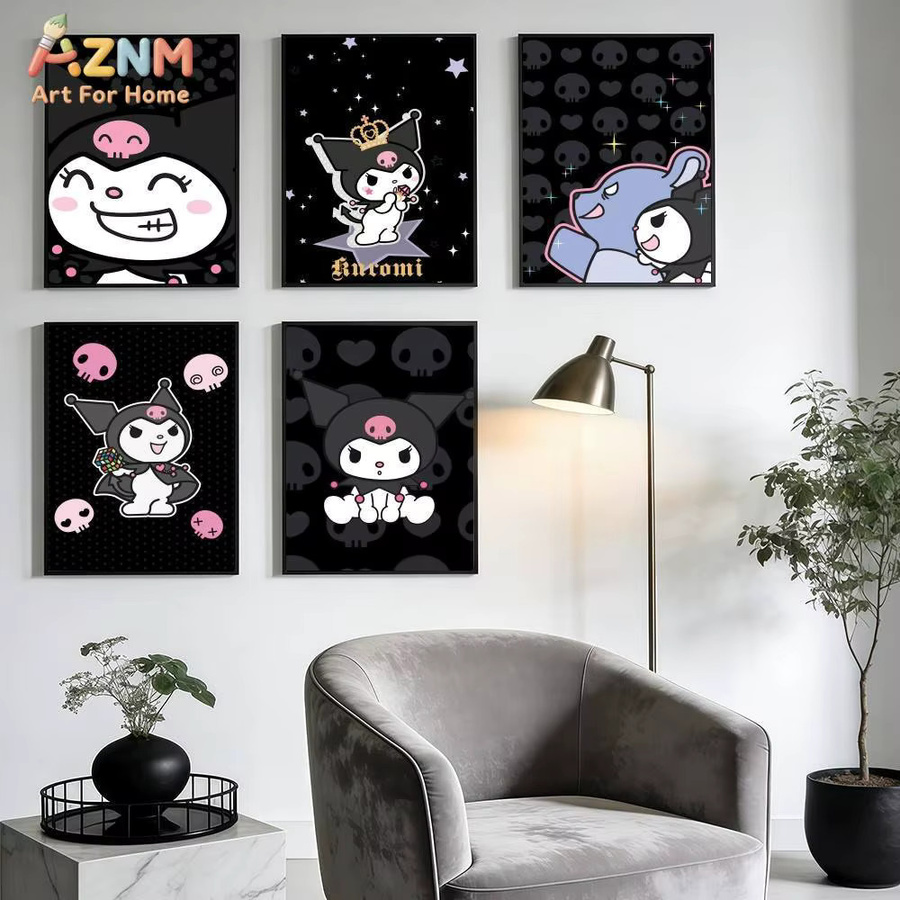 AZNM Kuromi Sanrio Leinwand-Wandkunst, Kawaii Cartoon-Charakter mit schwarzem Herz-Schädel-Motiv, ungerahmtes Leinwandgemälde in Schwarz und Multicolour - Bild 4