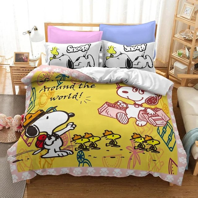 Snoopy 3-teiliges Mikrofaser Bettwäsche-Set mit Cartoon-Motiv in Gelb, bestehend aus Bettbezug und Kissenbezügen, B/H: 140 x 210 cm - Bild 1