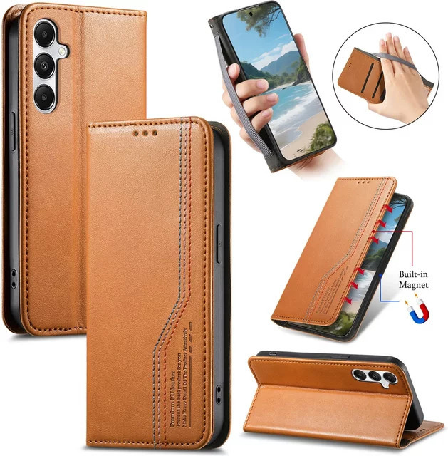 Retro Leder Flip Wallet Handyhülle mit Kartenfächern für Samsung Galaxy S25 Edge Ultra S24 FE A55 A35 A25 A15 A05 A06 A16 A26 A56 A36 in Braun - Bild 1