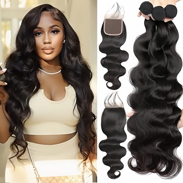 ANNIYE Body Wave Bundles Haarverlängerung, 3 Bundles mit 4x4 Lace Closure, Vietnamesisches Echthaar, Natürliche Farbe - Bild 1