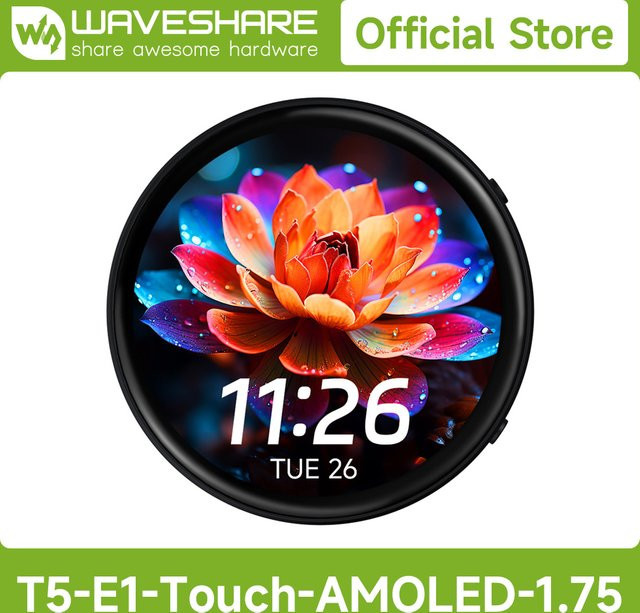 Waveshare Tuya T5-E1 Rundes AMOLED Entwicklungsboard 1,75 Zoll, 466 x 466 QSPI-Schnittstelle, Schwarz, unterstützt Tuya Smart Global AI Cloud - Bild 1