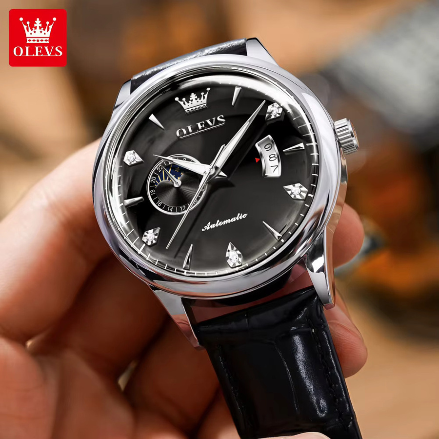 OLEVS Armbanduhr Automatik, Silber, Leder, Herren - Bild 4