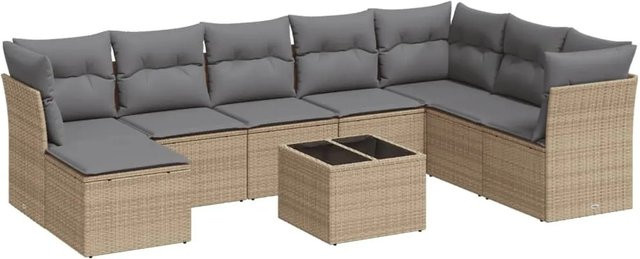 vidaXL 9-teilige Garten-Sofagarnitur aus Poly-Rattan mit Kissen in Beige-grau - Bild 1