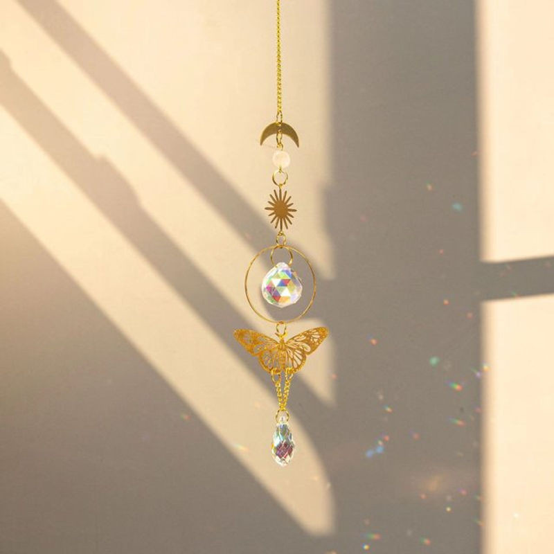 Bohemian Traumfänger mit Schmetterling, Rosenquarz und Rohstein in Rosa und Gold zur Dekoration von Garten, Fenster und Raum - Bild 1
