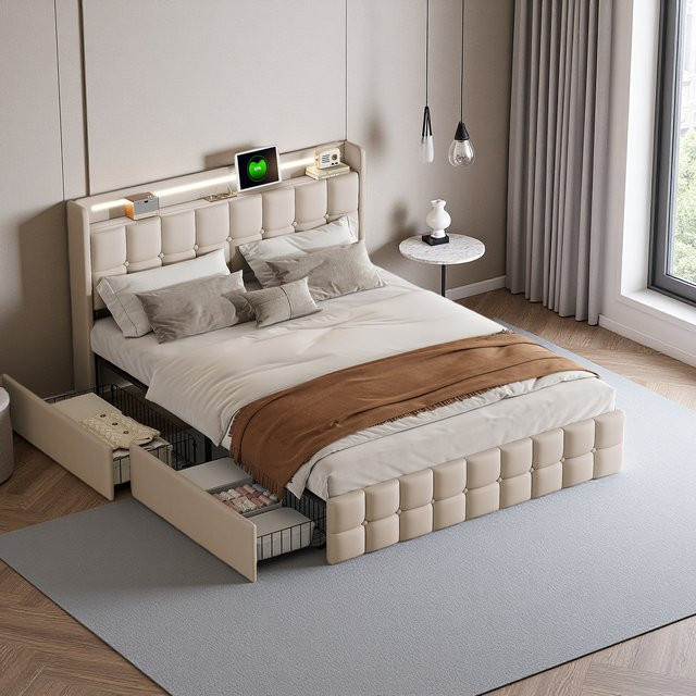 Anajqaqia Polsterbett mit 4 Schubladen und LED-Kopfteil inklusive USB-Ladefunktion, Doppelbett aus Leinen in Beige, B/T: 180 x 200 cm - Bild 1