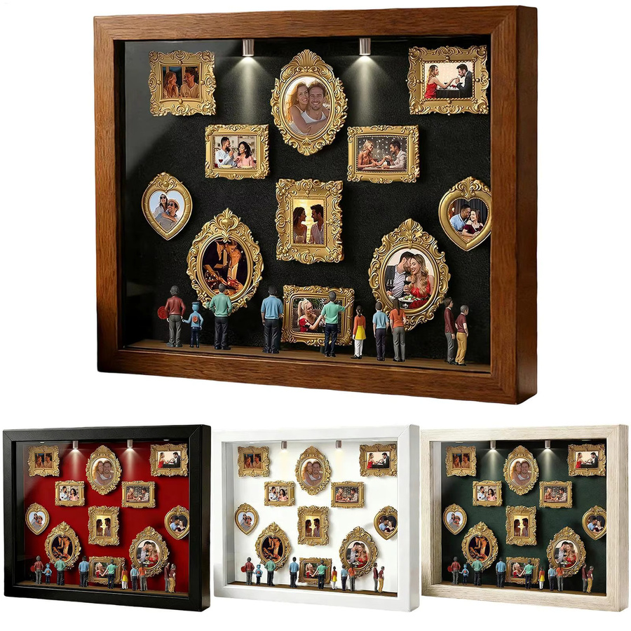 Mini-Museum Silhouetten-Box Erinnerungsfotorahmen mit LED-Beleuchtung und 8 Figuren aus Holz, 11-teiliges Set für den Schreibtisch - Bild 1
