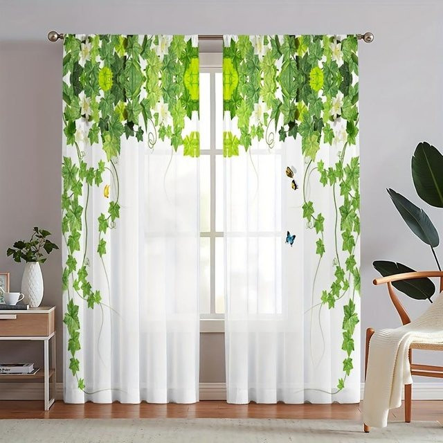 Yiran Furniture Transparenter Vorhang mit Rosenblütenmotiv in Weiß, 2er-Set, Breite: 50 cm, Höhe: 130 cm - Bild 1