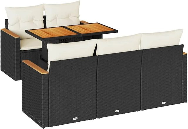 vidaXL 6-teilige Garten-Sofagarnitur in L-Form aus Polyrattan und Akazienholz mit Kissen in Schwarz und Cremeweiß - Bild 1