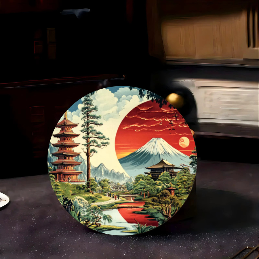 Potdemiel Vintage Wanddekoration Japanische Landschaft mit Mount Fuji, Kirschblüten und Pagode, Mehrfarbig, Durchmesser: 20 cm - Bild 2