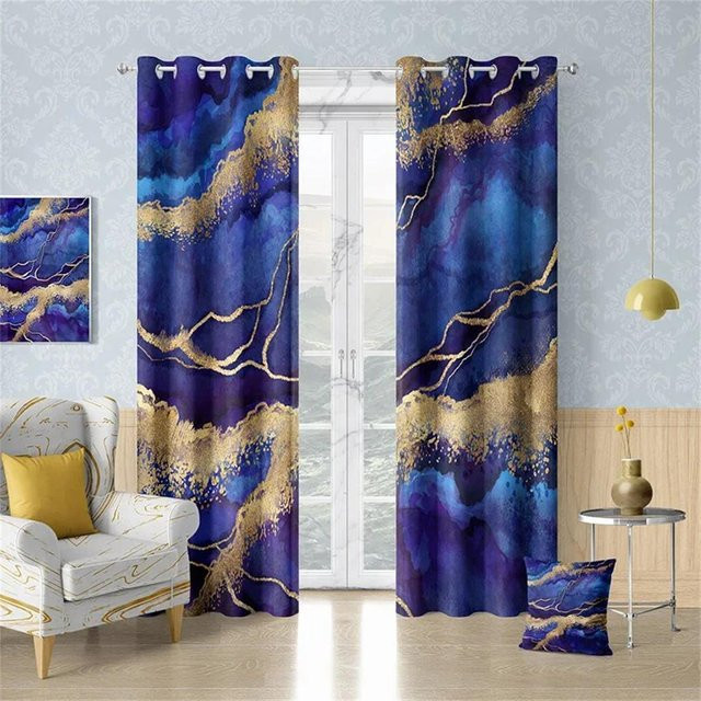 Yiran Furniture Vorhänge mit modernem abstrakten Marmor-Design in Schwarz, Gold und Blau, semi-transparent, Polyester, 2 Stück, Breite: 50 cm, Höhe: 60 cm - Bild 1