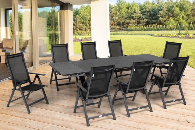 OUTFLEXX Garten-Essgruppe in Anthrazit Matt mit ausziehbarem Tisch und 8 Klappstühlen aus Aluminium und Spraystone - Bild 1