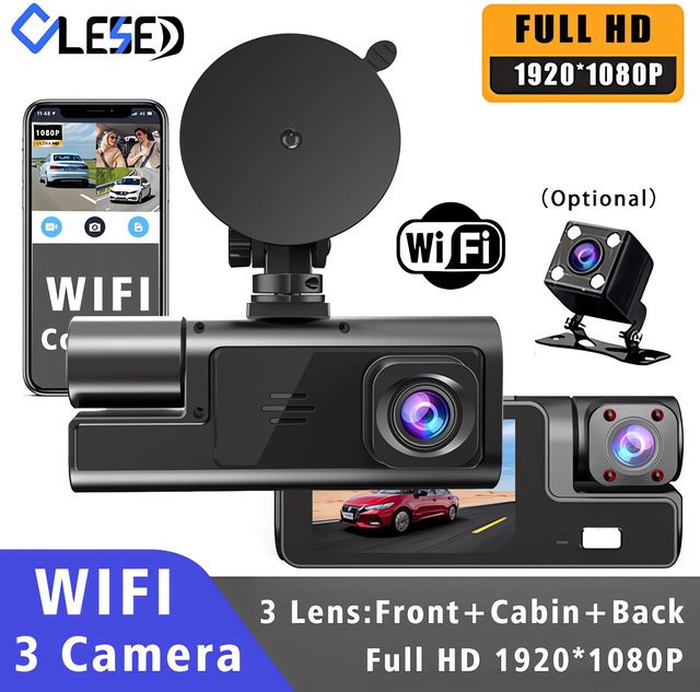 OLESED Auto WiFi Dash Cam mit 3 Kameras, FHD 1080P Videorecorder, 3-Kanal-System mit Nachtsicht und Rückansicht, Black Box DVR für deine Fahrzeugsicherheit, Schwarz - Bild 1