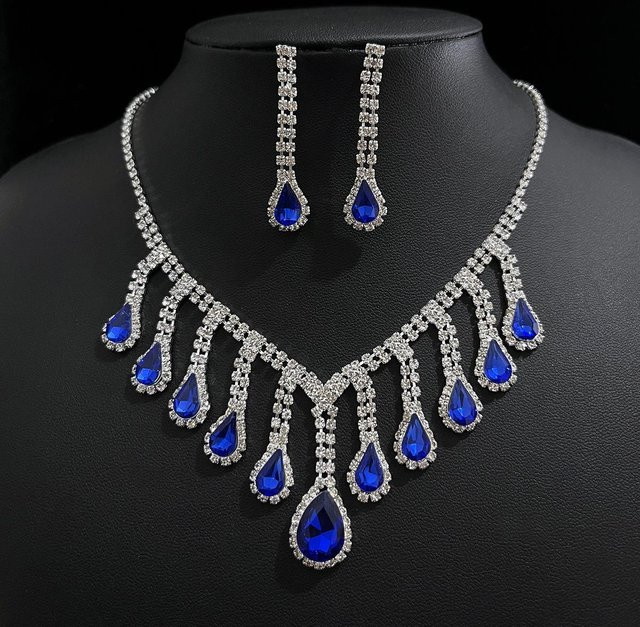 Halskette und Ohrringe Set, Blau, Zirkonia, Kristall, Damen - Bild 1