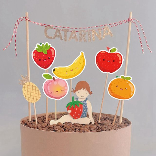 24er Set Sommer Obst Kuchen Topper aus Papier mit Erdbeer und Banane in Mehrfarbig für Kinder Geburtstagsdeko - Bild 1