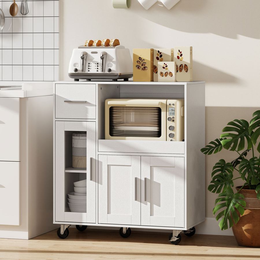 HOMCOM Küchenschrank auf Rädern als Sideboard und Mikrowellenschrank mit ausziehbarem Tablett, Schublade und verstellbaren Ablagen, Farbe: Weiß - Bild 2