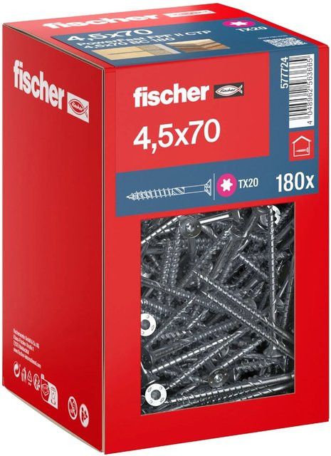 Fischer PowerFast II Senkkopf Teilgewinde Schraube mit Torx-Antrieb aus verzinktem Stahl, Farbe: Silber, Durchmesser: 4,5 mm, Länge: 70 mm, 180 Stück - Bild 1