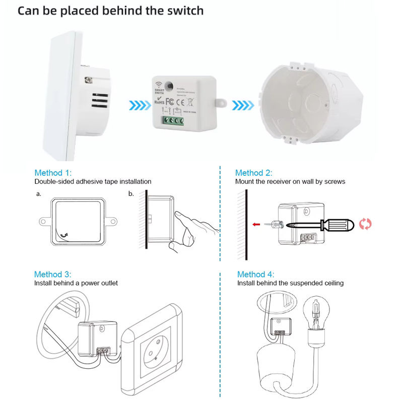 Szaoju Smart RF 433MHz Wandpanel mit Fernbedienung, kabelloser Mini-Relais-Empfänger für LED-Lampen und Lichtschalter, Weiß - Bild 6