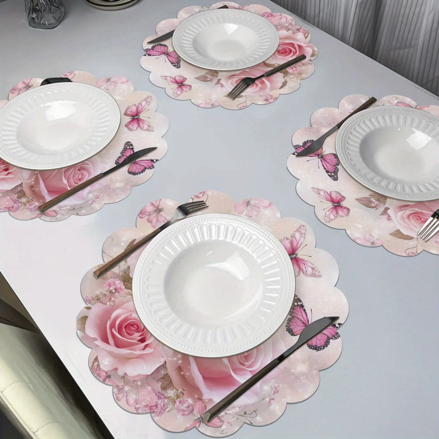 VIKAMA 4-teiliges Set Platzsets mit Rosen- und Schmetterlingsmuster in Rosa, rund, aus PVC - Bild 2