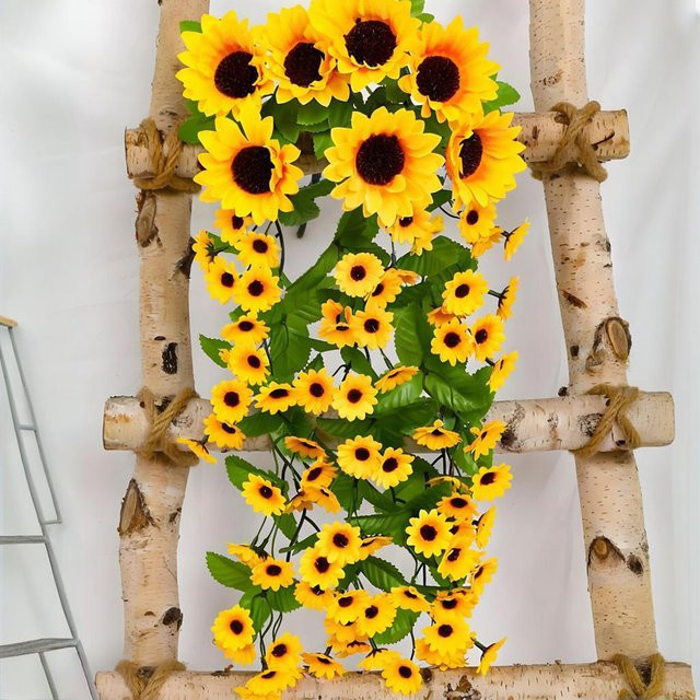 Kmitang Künstliche Hängepflanzen in Grün mit Sonnenblumen und Gänseblümchen, Höhe: 66 cm - Bild 1
